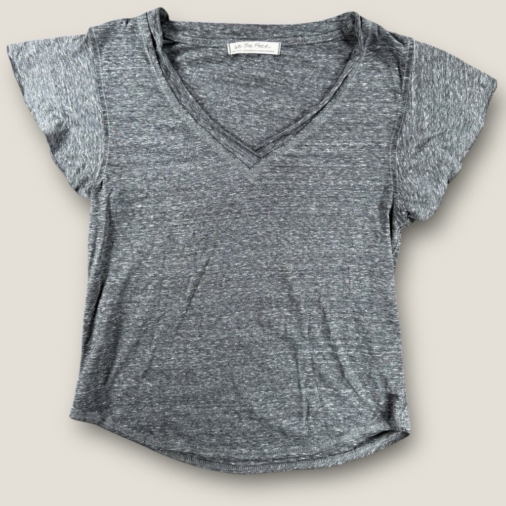 Free People We The Free Gray V-Neck Flutter Sleeve Tee Shirt Women XS Heatherโ